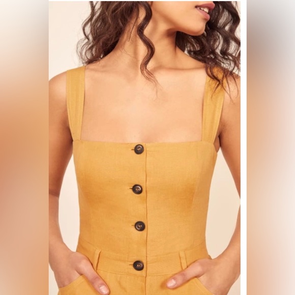 NEW REFORMATION TYLER BUTTON LINEN JUMPSUIT IN OCHRE 4 - Picture 4 of 7